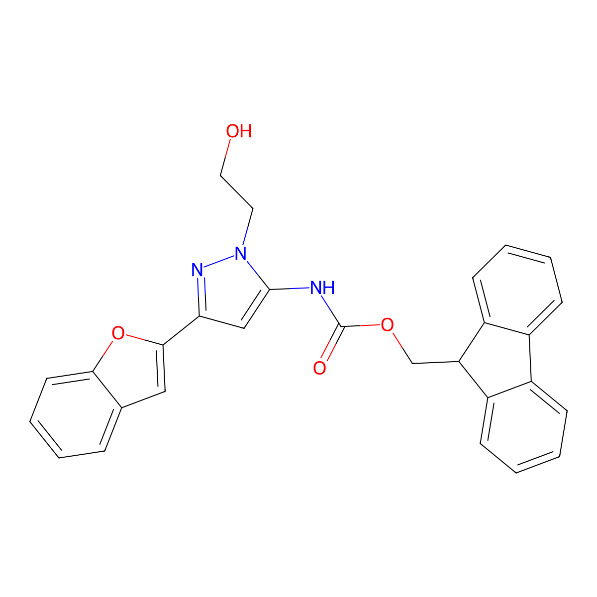 (9H-fluoren-9-yl)methyl N-[3-(1-benzofuran-2-yl)-1-(2-hydroxyethyl)-1H-pyrazol-5-yl]carbamate molecular structure, CAS 2763908-52-5