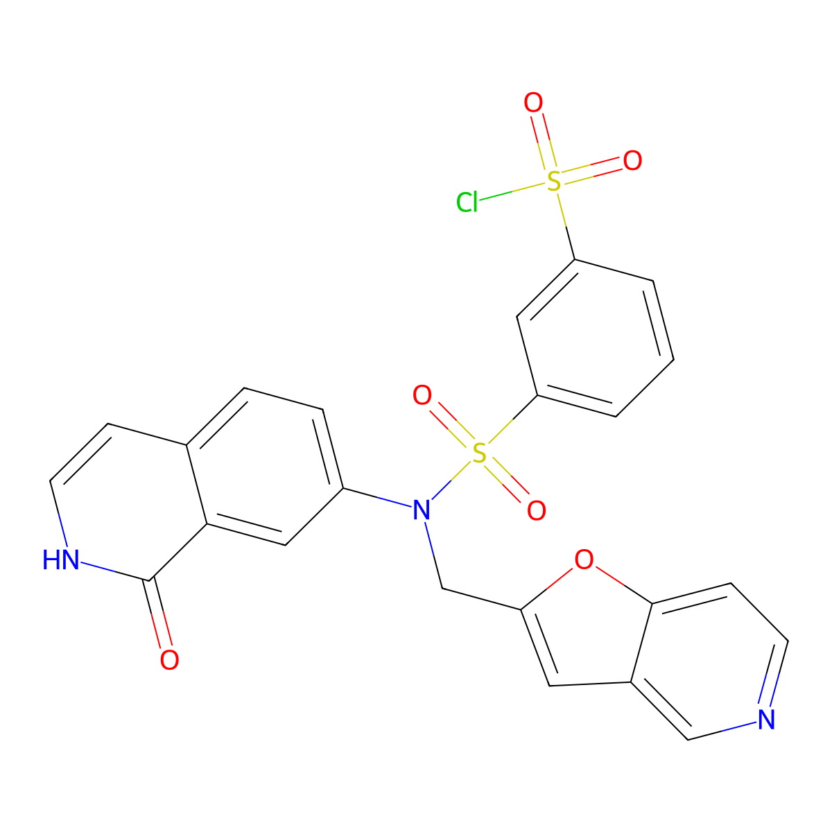 3-[({Furo[3,2-c]pyridin-2-yl}methyl)(1-oxo-1,2-dihydroisoquinolin-7-yl)sulfamoyl]benzene-1-sulfonyl chloride molecular structure, CAS 2763909-02-8