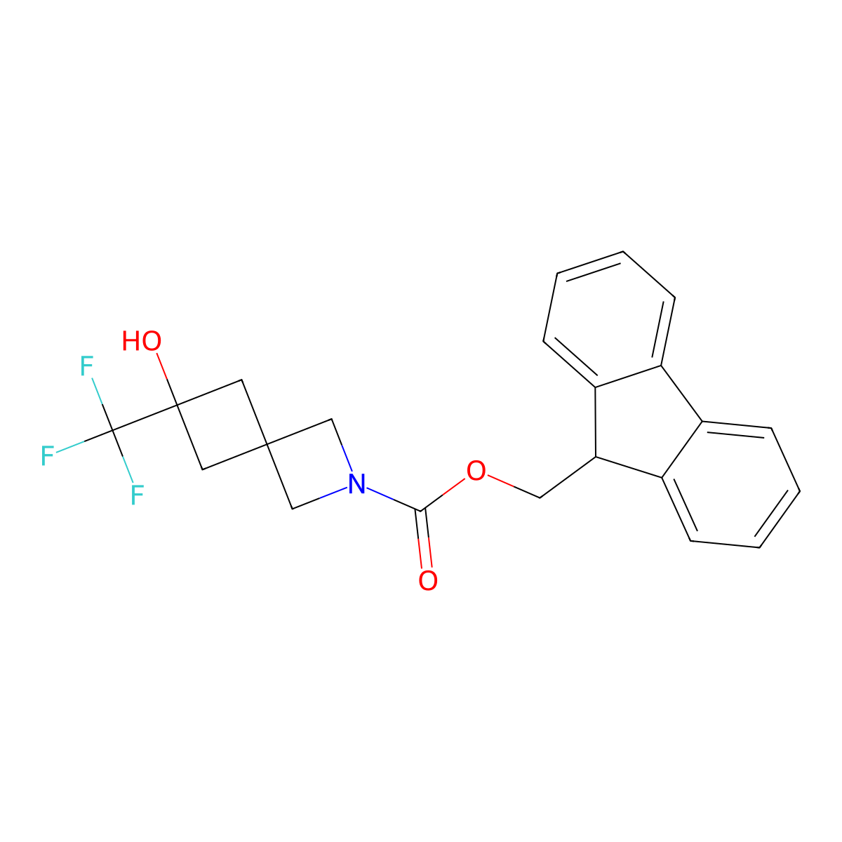 (9H-fluoren-9-yl)methyl 6-hydroxy-6-(trifluoromethyl)-2-azaspiro[3.3]heptane-2-carboxylate molecular structure, CAS 2763909-07-3