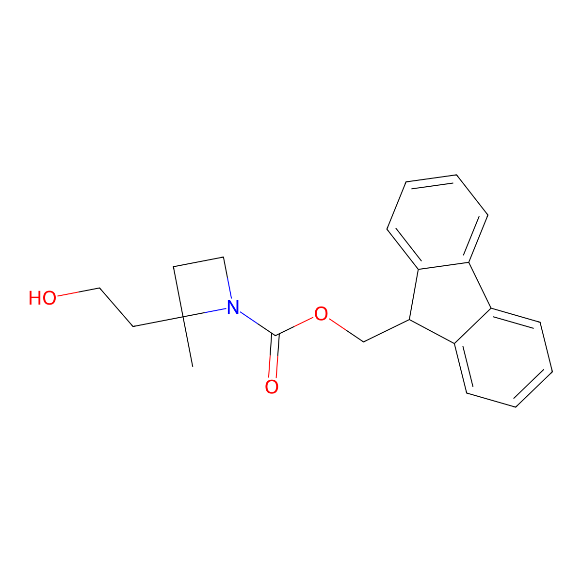 (9H-fluoren-9-yl)methyl 2-(2-hydroxyethyl)-2-methylazetidine-1-carboxylate molecular structure, CAS 2763909-30-2