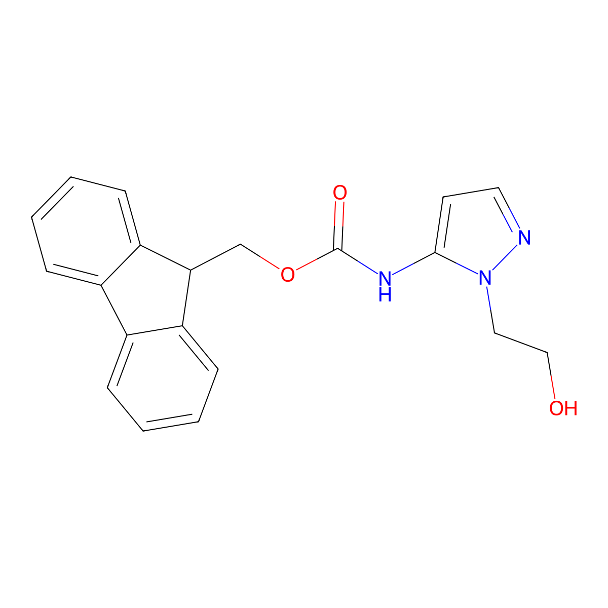 (9H-fluoren-9-yl)methyl N-[1-(2-hydroxyethyl)-1H-pyrazol-5-yl]carbamate molecular structure, CAS 2763909-37-9
