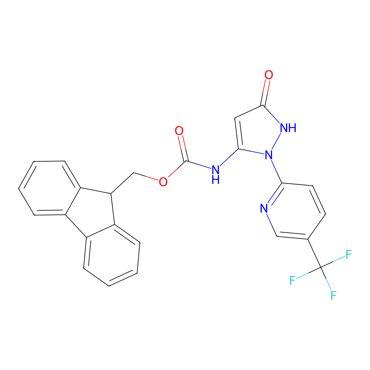 (9H-fluoren-9-yl)methyl N-{3-hydroxy-1-[5-(trifluoromethyl)pyridin-2-yl]-1H-pyrazol-5-yl}carbamate molecular structure, CAS 2763912-23-6