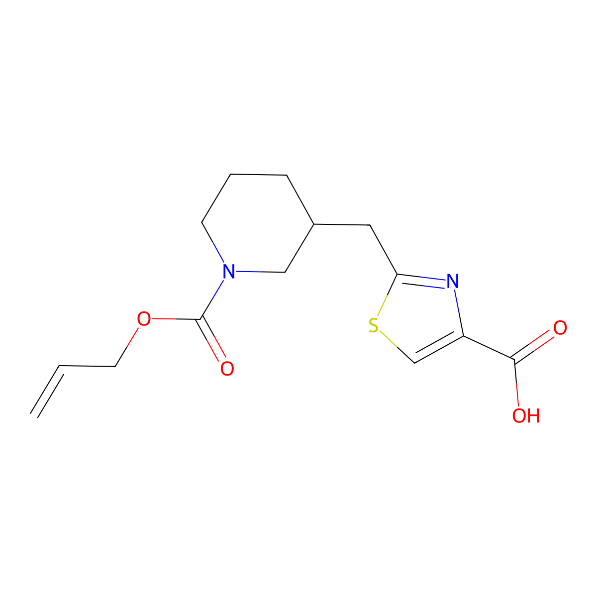 2-({1-[(Prop-2-en-1-yloxy)carbonyl]piperidin-3-yl}methyl)-1,3-thiazole-4-carboxylic acid molecular structure, CAS 2763912-31-6