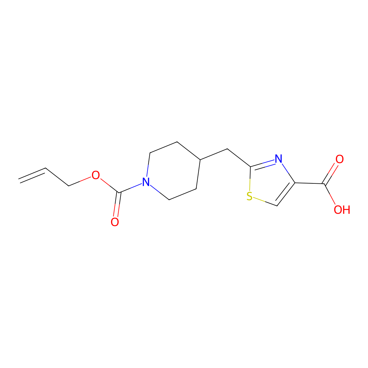 2-({1-[(Prop-2-en-1-yloxy)carbonyl]piperidin-4-yl}methyl)-1,3-thiazole-4-carboxylic acid molecular structure, CAS 2763912-61-2