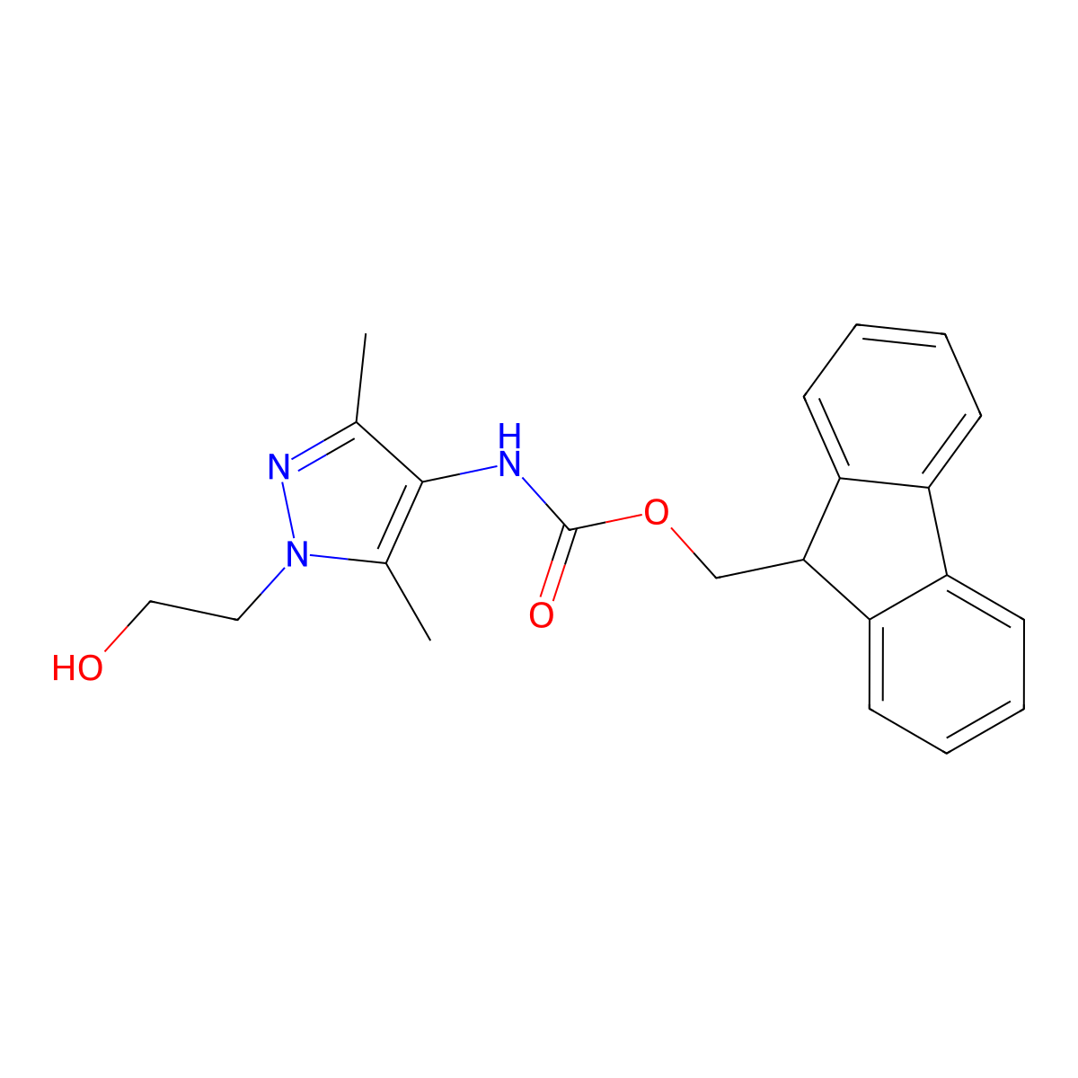 (9H-fluoren-9-yl)methyl N-[1-(2-hydroxyethyl)-3,5-dimethyl-1H-pyrazol-4-yl]carbamate molecular structure, CAS 2763912-71-4