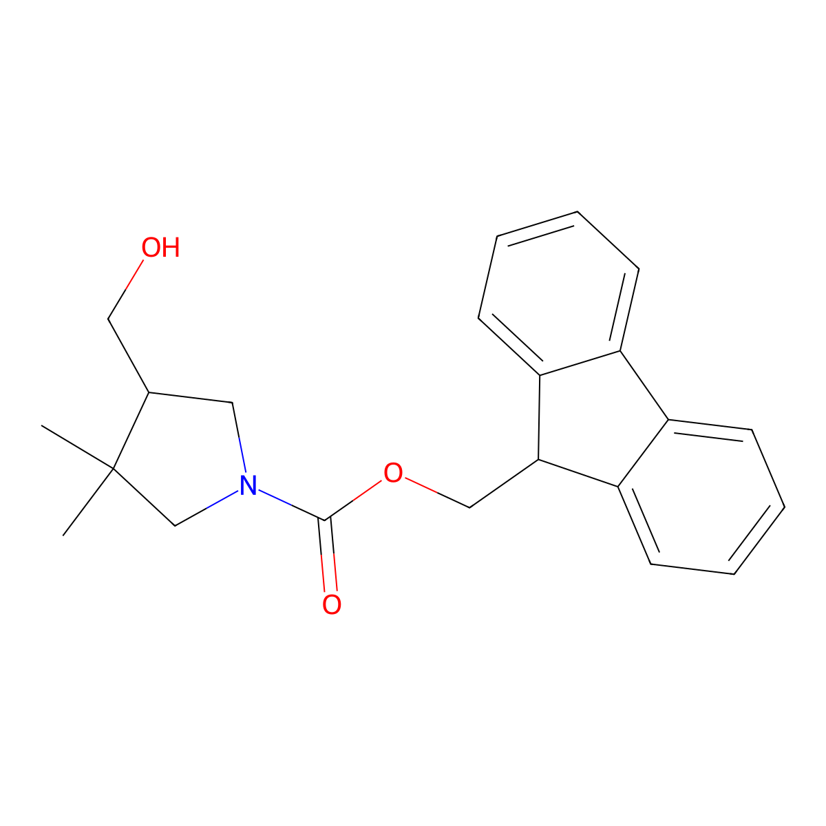 (9H-fluoren-9-yl)methyl 4-(hydroxymethyl)-3,3-dimethylpyrrolidine-1-carboxylate molecular structure, CAS 2763914-91-4