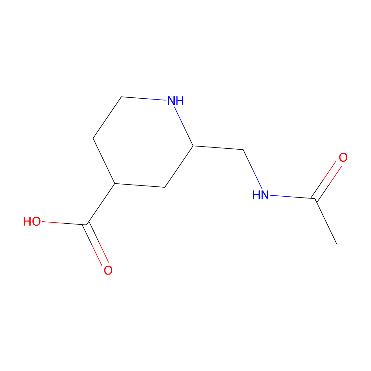 rac-(2R,4S)-2-(acetamidomethyl)piperidine-4-carboxylic acid molecular structure, CAS 2763915-30-4