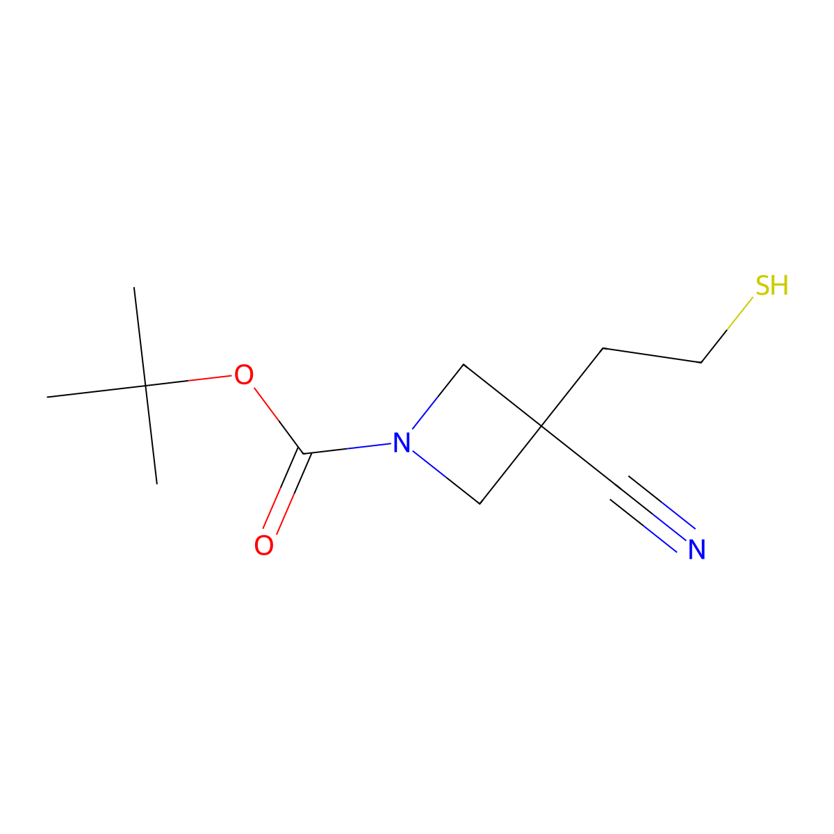 Tert-butyl 3-cyano-3-(2-sulfanylethyl)azetidine-1-carboxylate molecular structure, CAS 2763915-77-9
