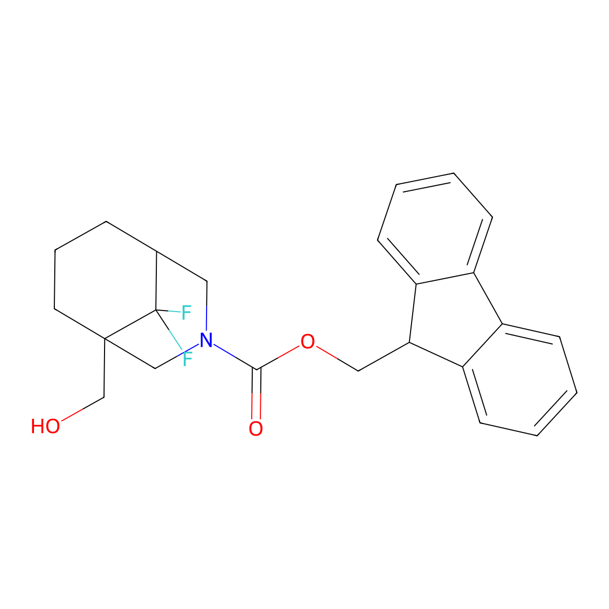 (9H-fluoren-9-yl)methyl 9,9-difluoro-1-(hydroxymethyl)-3-azabicyclo[3.3.1]nonane-3-carboxylate molecular structure, CAS 2763919-16-8