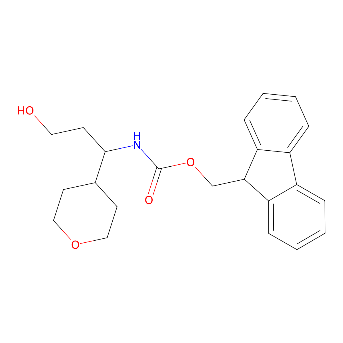 (9H-fluoren-9-yl)methyl N-[3-hydroxy-1-(oxan-4-yl)propyl]carbamate molecular structure, CAS 2763919-22-6