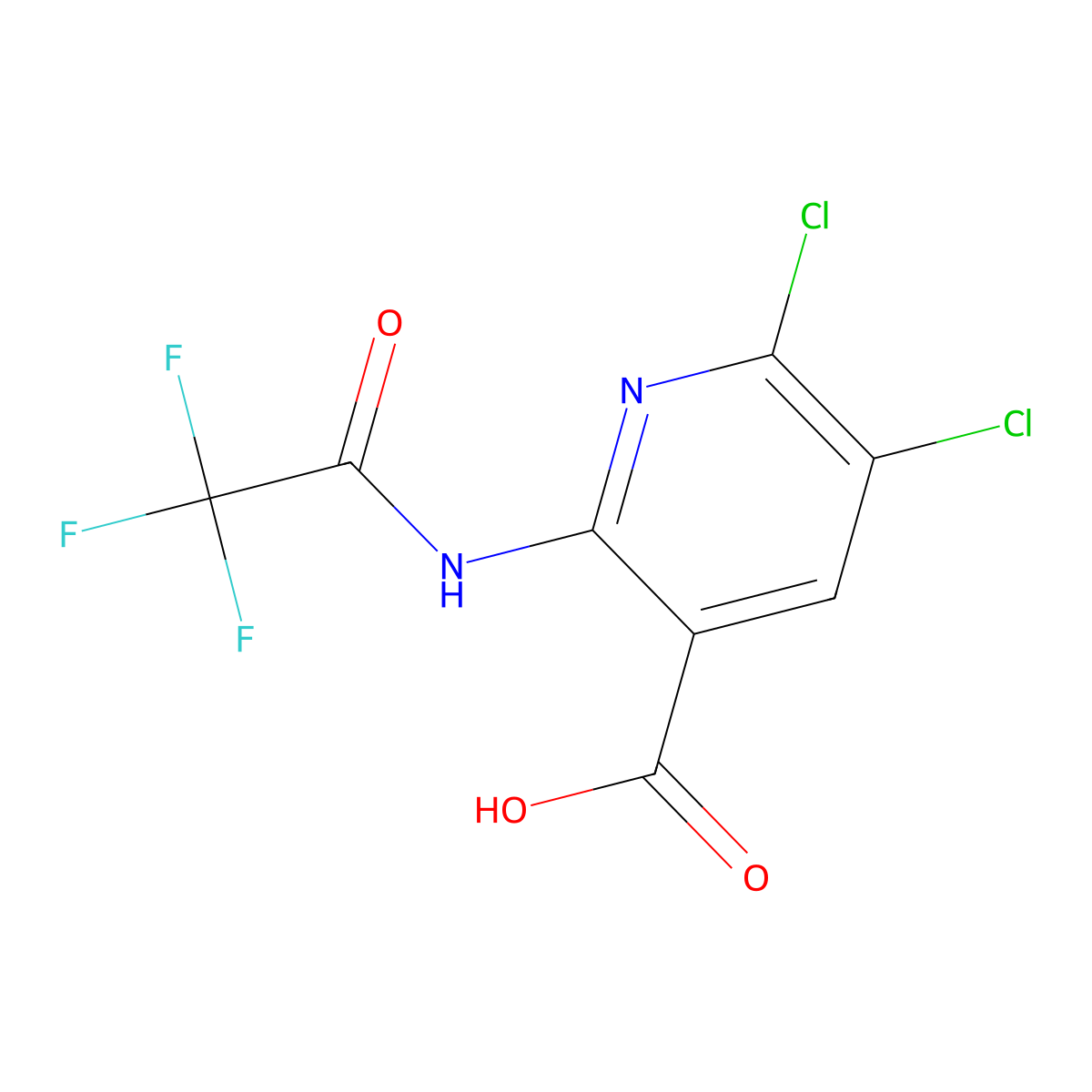 5,6-Dichloro-2-(2,2,2-trifluoroacetamido)pyridine-3-carboxylic acid molecular structure, CAS 2763919-24-8