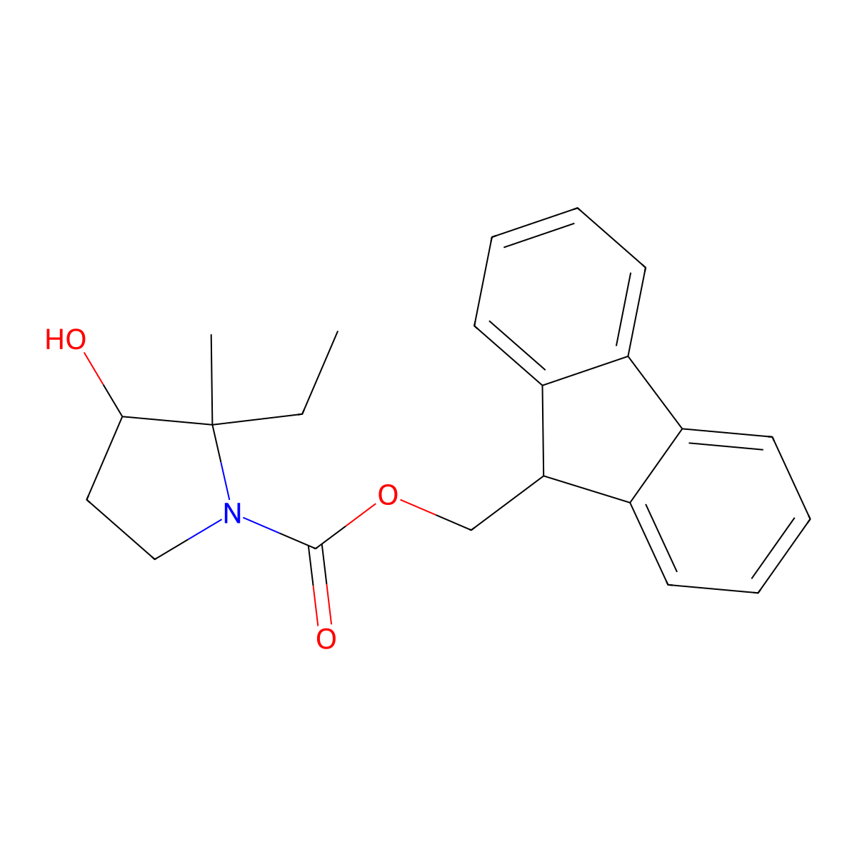 (9H-fluoren-9-yl)methyl 2-ethyl-3-hydroxy-2-methylpyrrolidine-1-carboxylate molecular structure, CAS 2763919-37-3