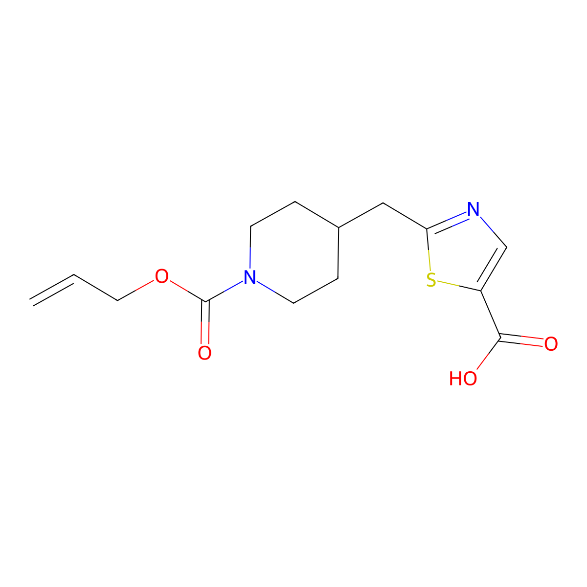 2-({1-[(Prop-2-en-1-yloxy)carbonyl]piperidin-4-yl}methyl)-1,3-thiazole-5-carboxylic acid molecular structure, CAS 2763919-45-3