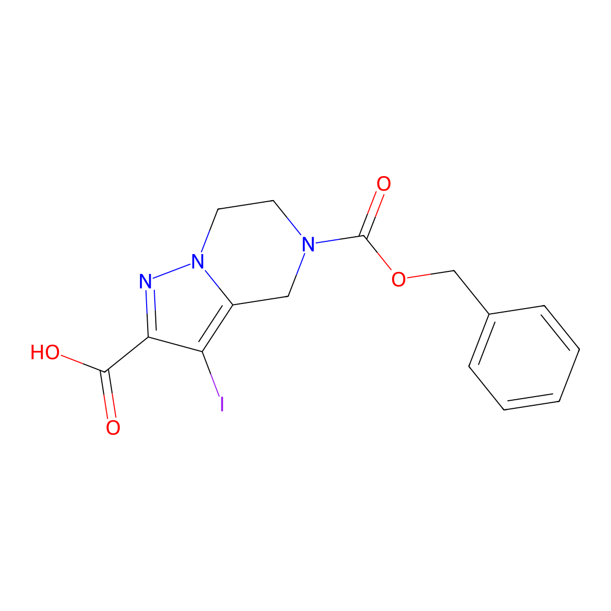 5-[(benzyloxy)carbonyl]-3-iodo-4H,5H,6H,7H-pyrazolo[1,5-a]pyrazine-2-carboxylic acid molecular structure, CAS 2763920-05-2