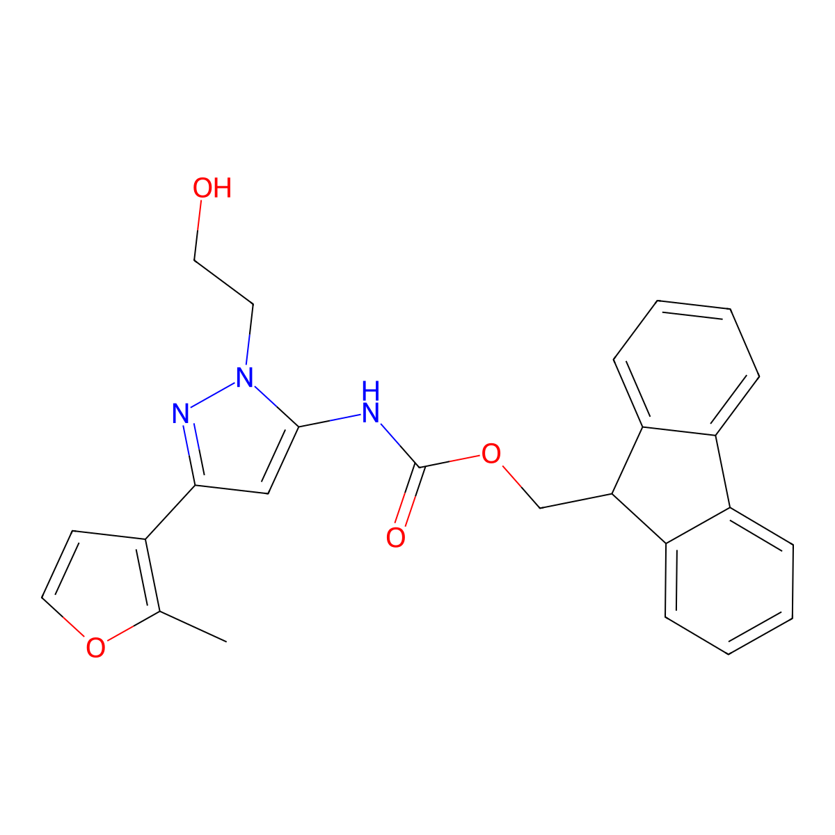 (9H-fluoren-9-yl)methyl N-[1-(2-hydroxyethyl)-3-(2-methylfuran-3-yl)-1H-pyrazol-5-yl]carbamate molecular structure, CAS 2763920-22-3
