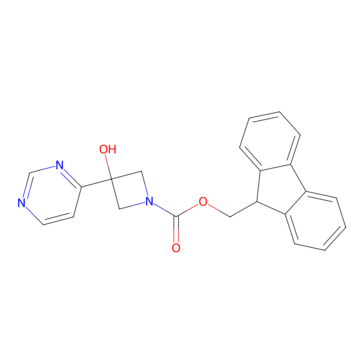 (9H-fluoren-9-yl)methyl 3-hydroxy-3-(pyrimidin-4-yl)azetidine-1-carboxylate molecular structure, CAS 2763920-26-7
