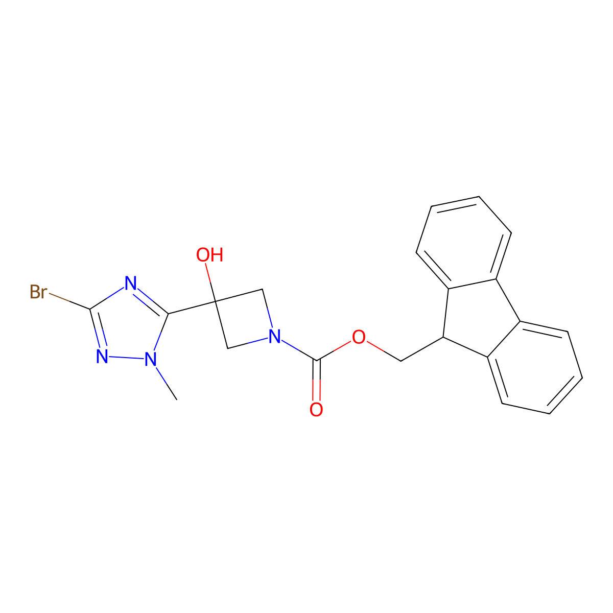 (9H-fluoren-9-yl)methyl 3-(3-bromo-1-methyl-1H-1,2,4-triazol-5-yl)-3-hydroxyazetidine-1-carboxylate molecular structure, CAS 2763920-31-4