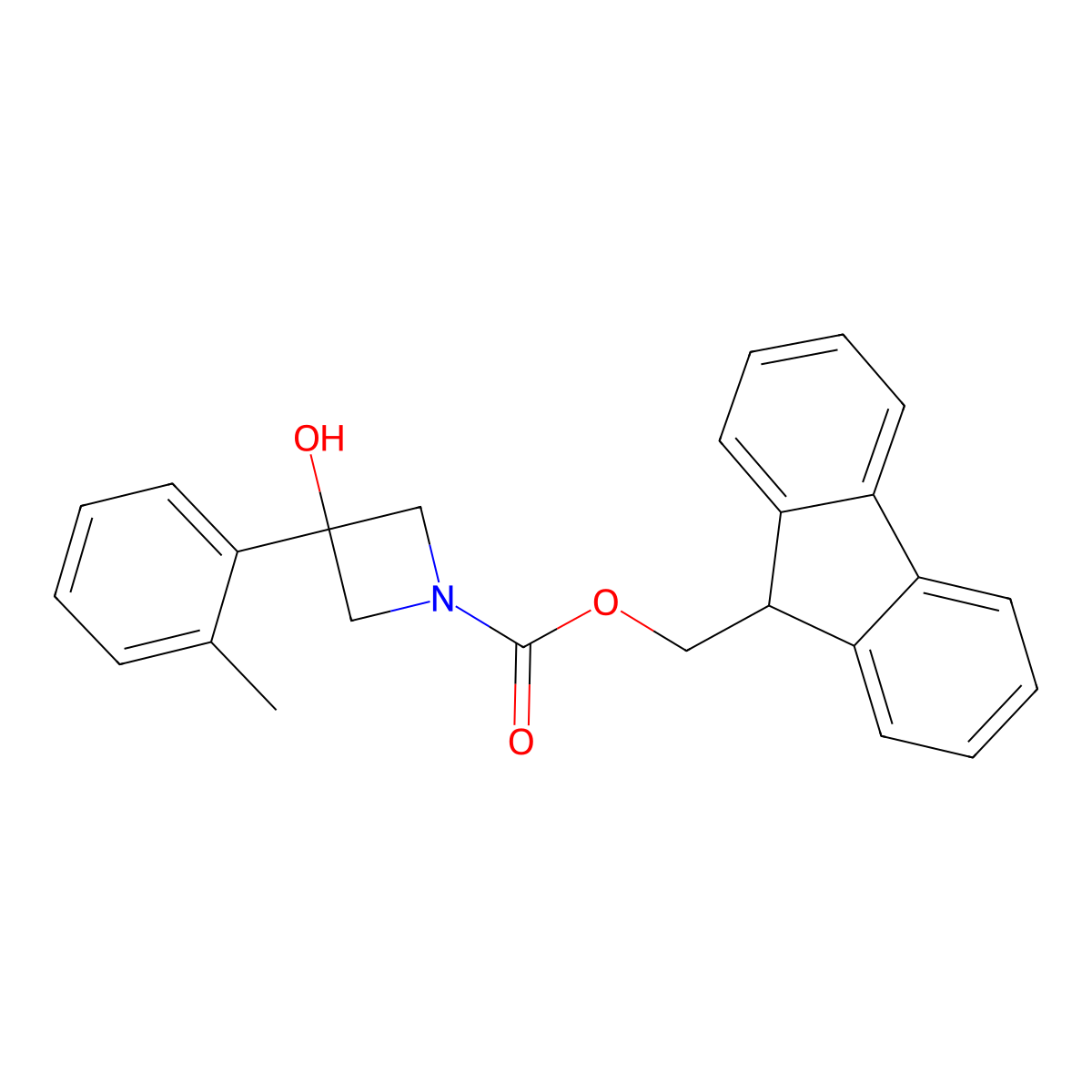 (9H-fluoren-9-yl)methyl 3-hydroxy-3-(2-methylphenyl)azetidine-1-carboxylate molecular structure, CAS 2763920-36-9