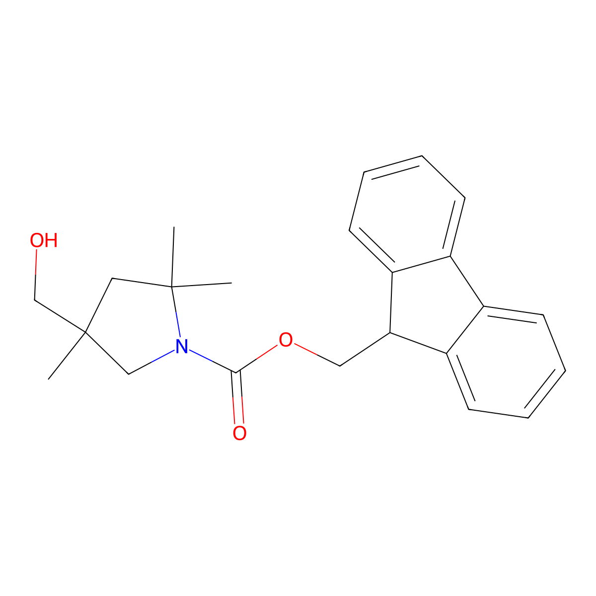 (9H-fluoren-9-yl)methyl 4-(hydroxymethyl)-2,2,4-trimethylpyrrolidine-1-carboxylate molecular structure, CAS 2763920-52-9