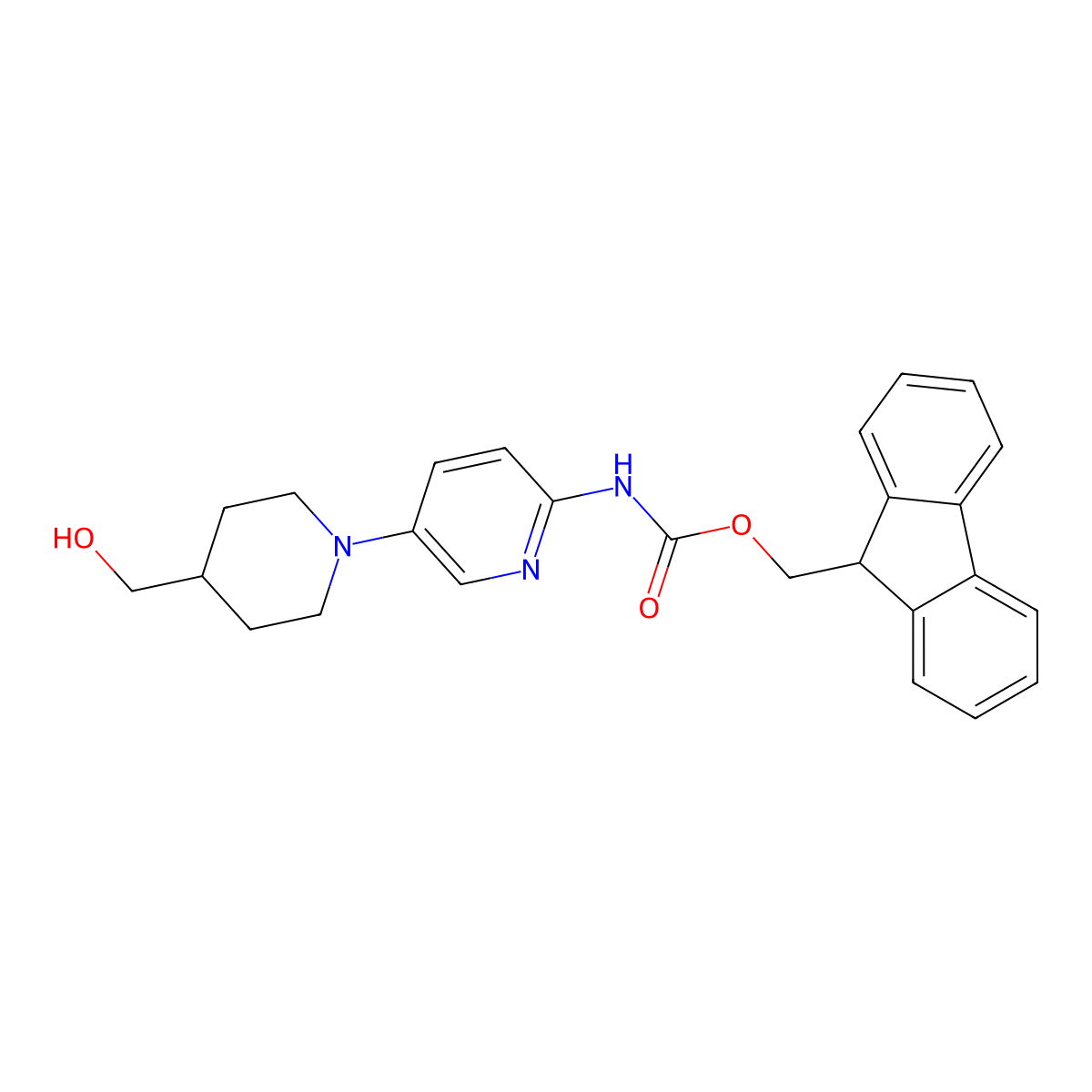 (9H-fluoren-9-yl)methyl N-{5-[4-(hydroxymethyl)piperidin-1-yl]pyridin-2-yl}carbamate molecular structure, CAS 2763920-64-3