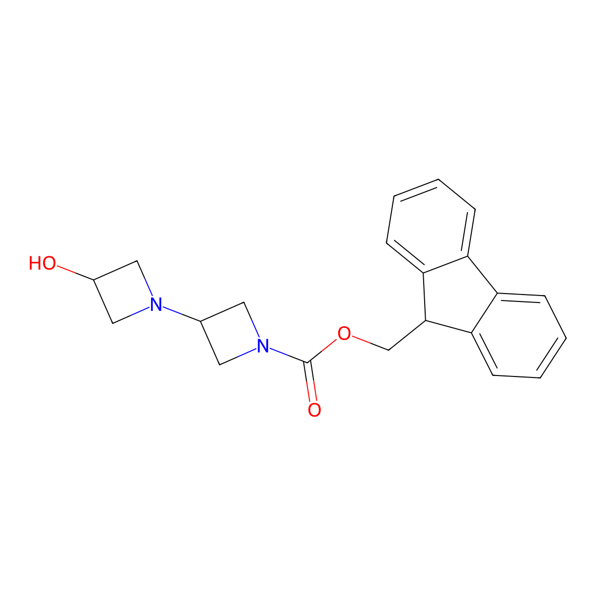 (9H-fluoren-9-yl)methyl 3-hydroxy-[1,3'-biazetidine]-1'-carboxylate molecular structure, CAS 2763921-49-7