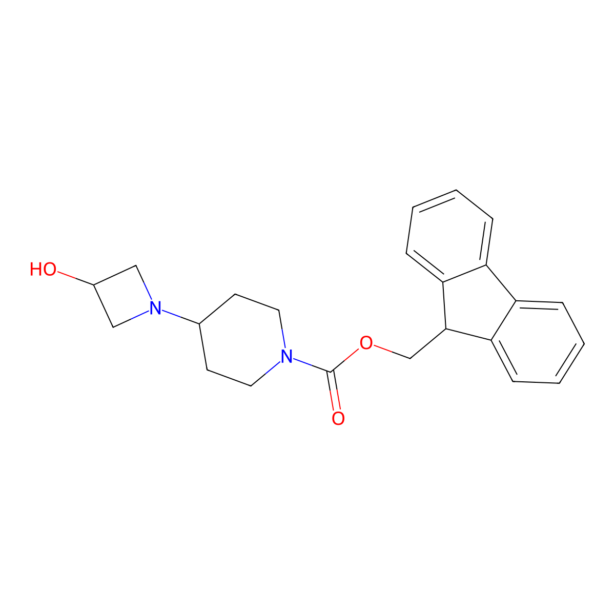 (9H-fluoren-9-yl)methyl 4-(3-hydroxyazetidin-1-yl)piperidine-1-carboxylate molecular structure, CAS 2763921-55-5