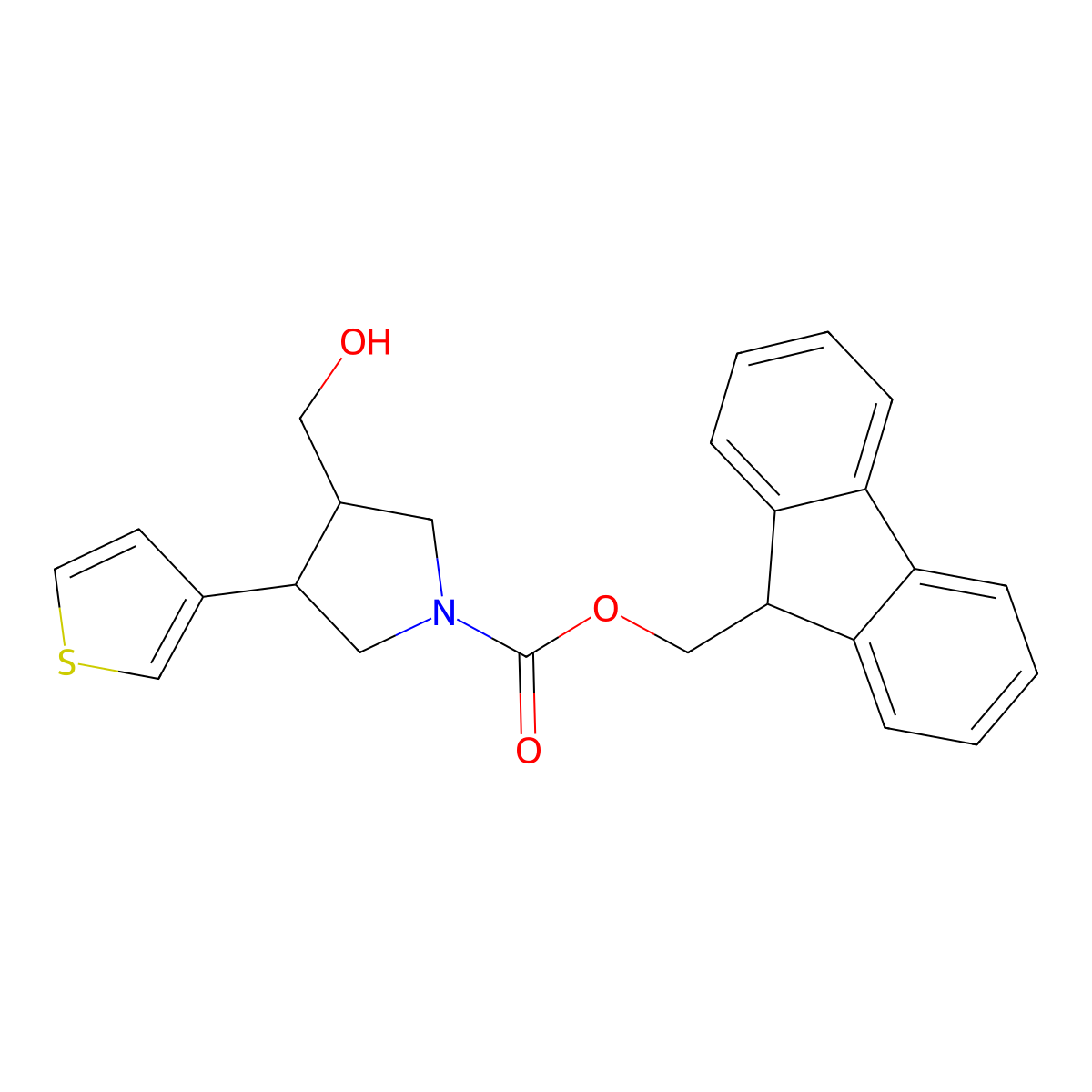rac-(9H-fluoren-9-yl)methyl (3R,4S)-3-(hydroxymethyl)-4-(thiophen-3-yl)pyrrolidine-1-carboxylate molecular structure, CAS 2763922-13-8