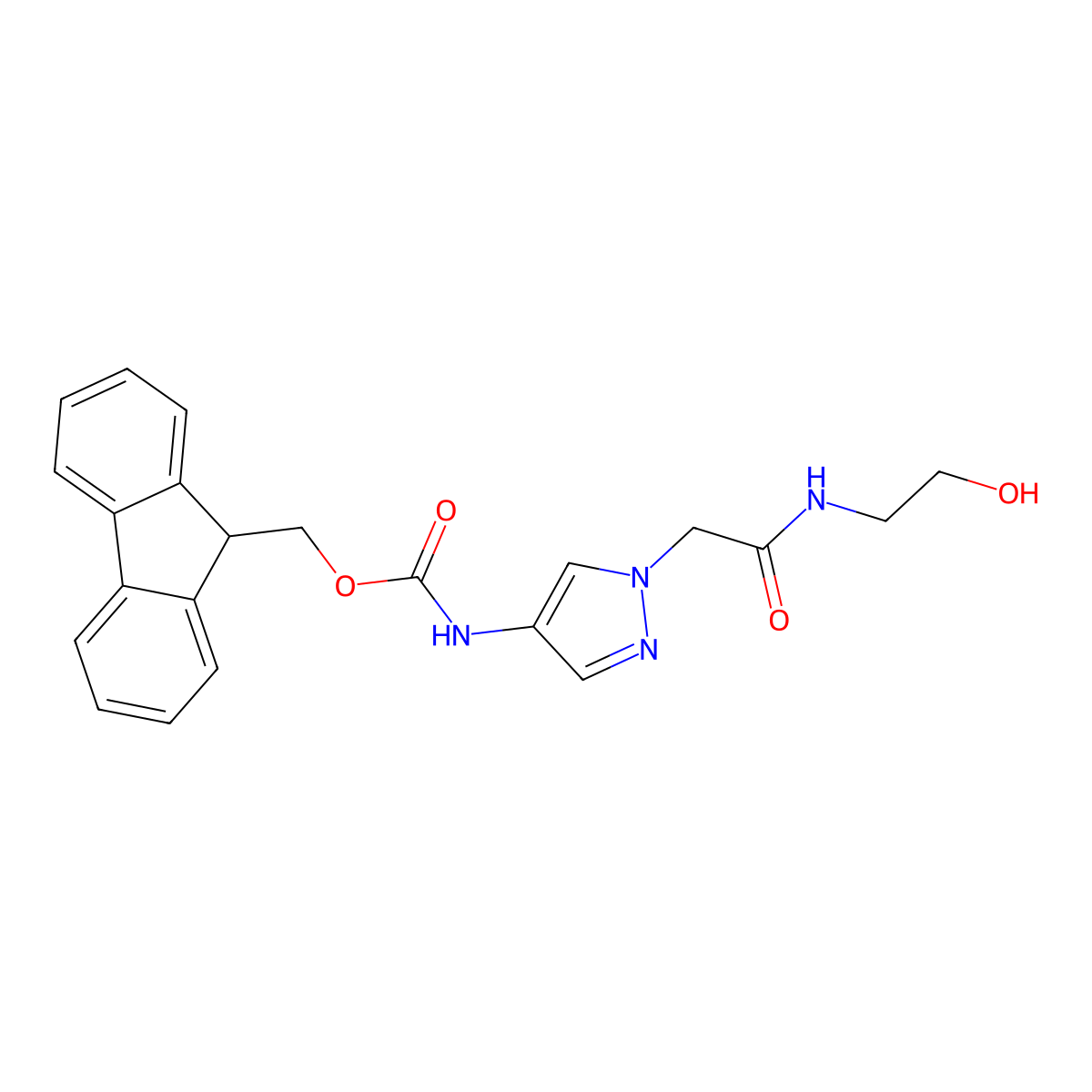 (9H-fluoren-9-yl)methyl N-(1-{[(2-hydroxyethyl)carbamoyl]methyl}-1H-pyrazol-4-yl)carbamate molecular structure, CAS 2763922-27-4