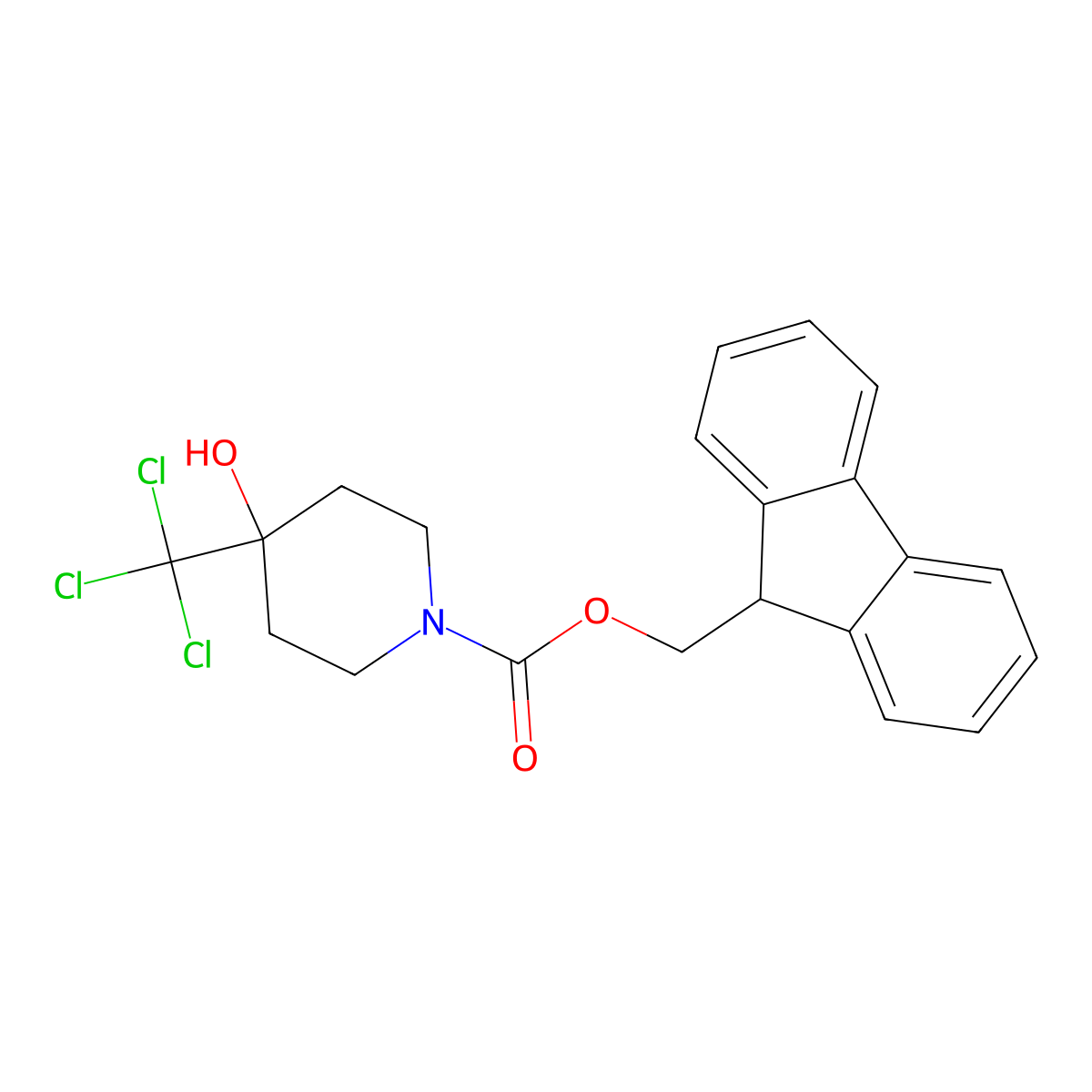 (9H-fluoren-9-yl)methyl 4-hydroxy-4-(trichloromethyl)piperidine-1-carboxylate molecular structure, CAS 2763922-50-3