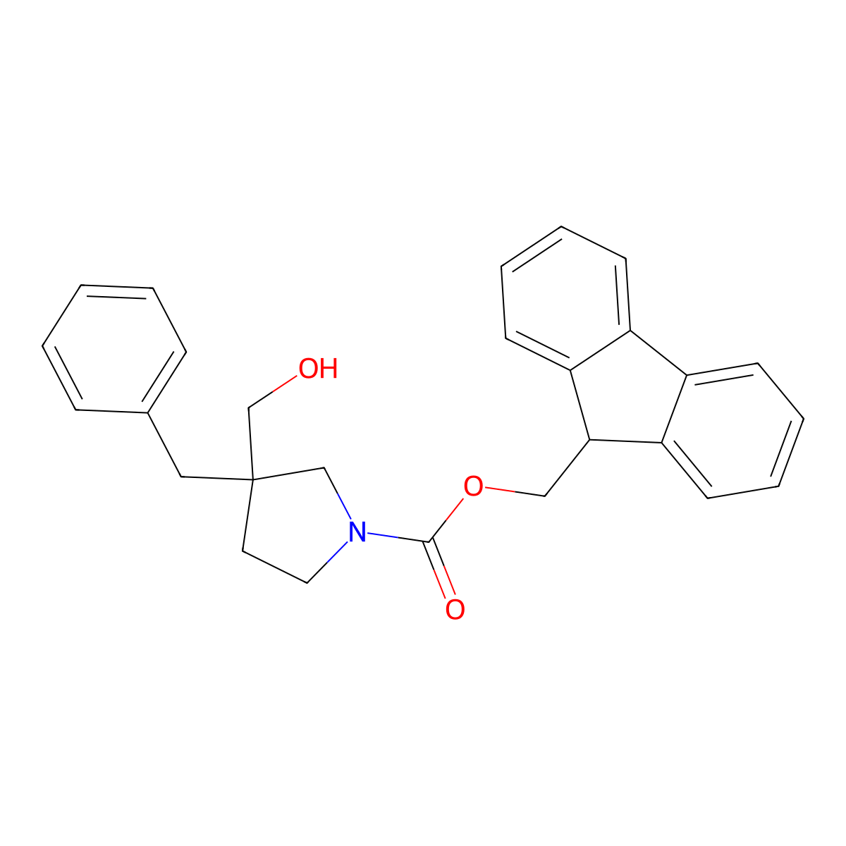 (9H-fluoren-9-yl)methyl 3-benzyl-3-(hydroxymethyl)pyrrolidine-1-carboxylate molecular structure, CAS 2763922-52-5