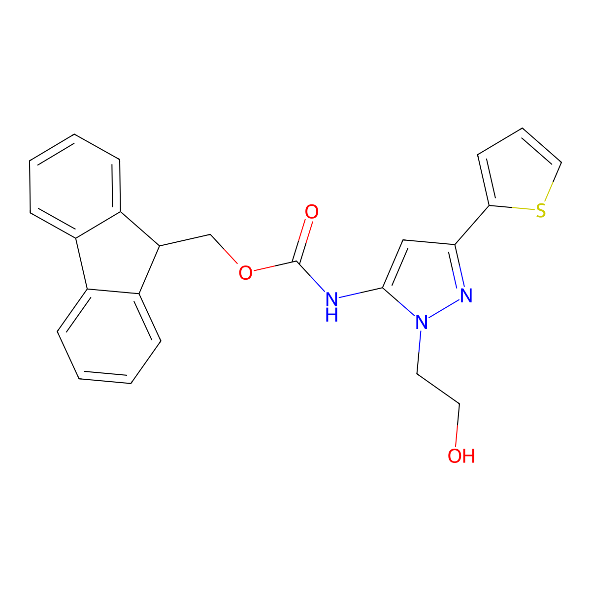 (9H-fluoren-9-yl)methyl N-[1-(2-hydroxyethyl)-3-(thiophen-2-yl)-1H-pyrazol-5-yl]carbamate molecular structure, CAS 2763922-79-6