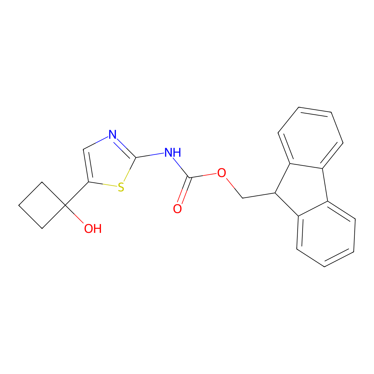 (9H-fluoren-9-yl)methyl N-[5-(1-hydroxycyclobutyl)-1,3-thiazol-2-yl]carbamate molecular structure, CAS 2763922-95-6