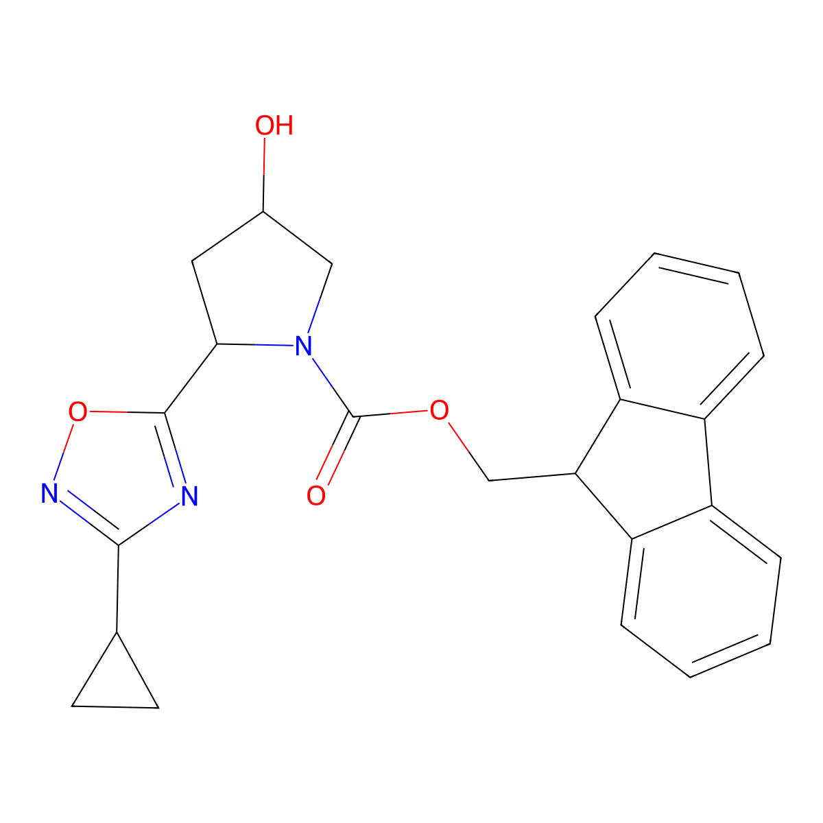 rac-(9H-fluoren-9-yl)methyl (2R,4S)-2-(3-cyclopropyl-1,2,4-oxadiazol-5-yl)-4-hydroxypyrrolidine-1-carboxylate molecular structure, CAS 2763922-99-0