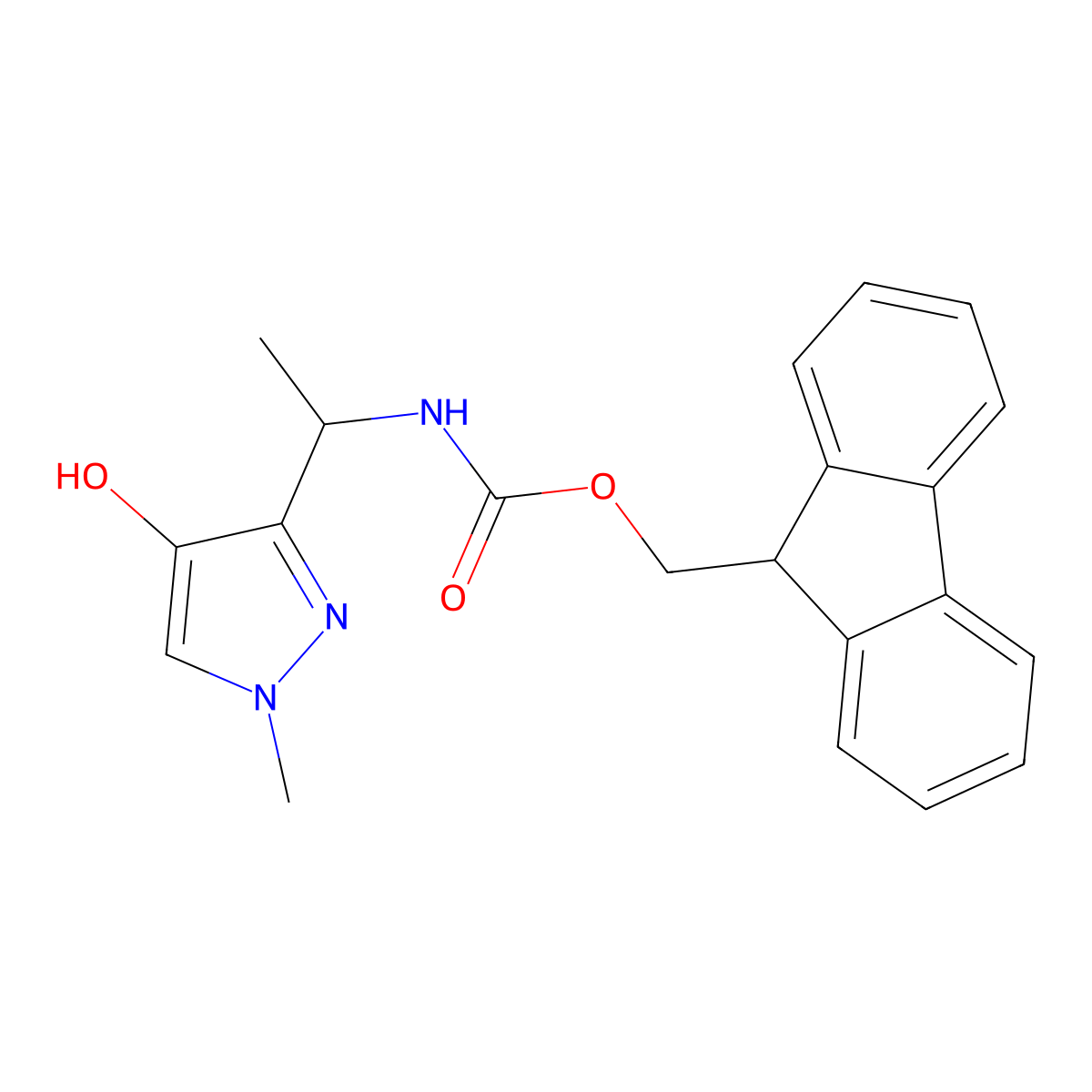 (9H-fluoren-9-yl)methyl N-[1-(4-hydroxy-1-methyl-1H-pyrazol-3-yl)ethyl]carbamate molecular structure, CAS 2763923-24-4