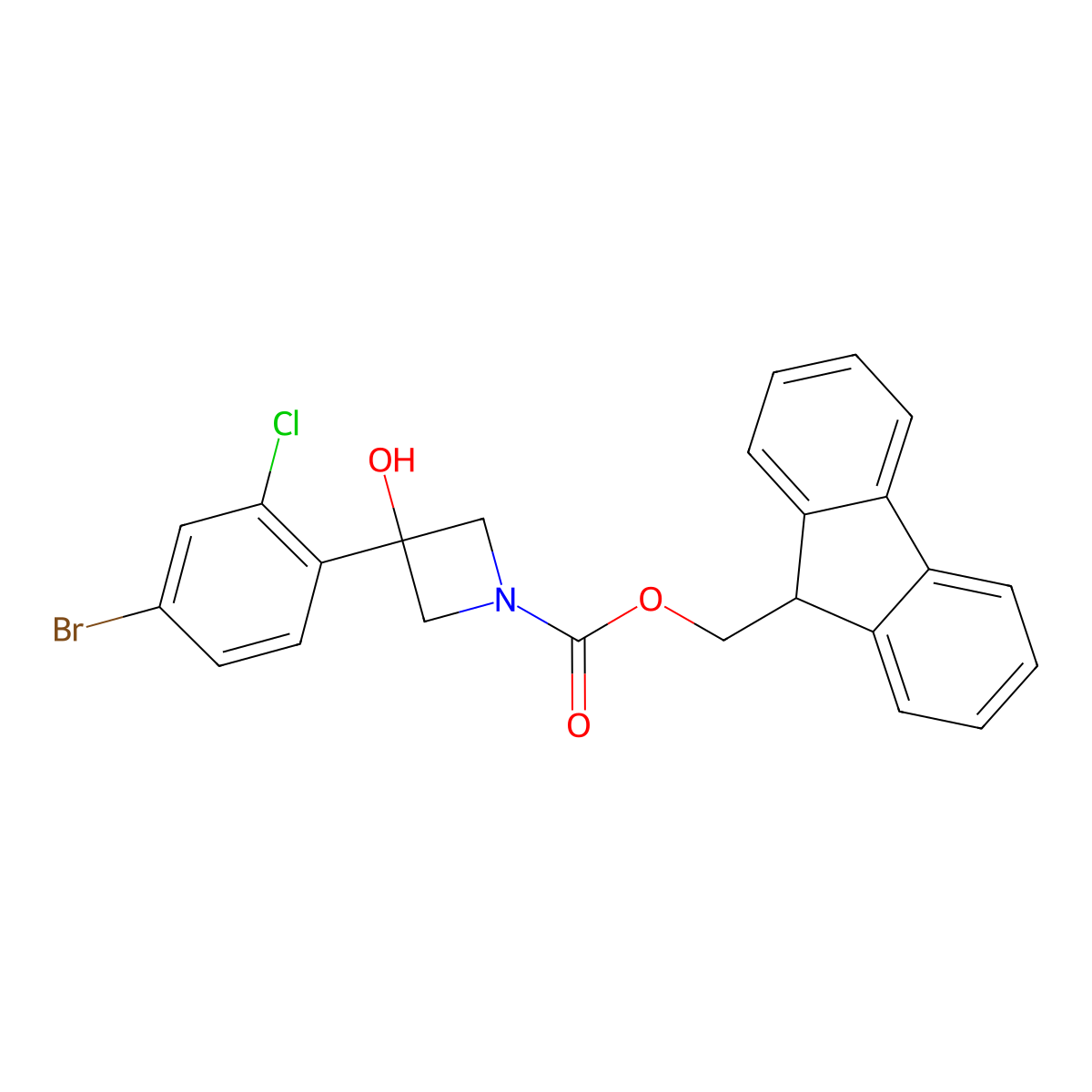 (9H-fluoren-9-yl)methyl 3-(4-bromo-2-chlorophenyl)-3-hydroxyazetidine-1-carboxylate molecular structure, CAS 2763923-29-9
