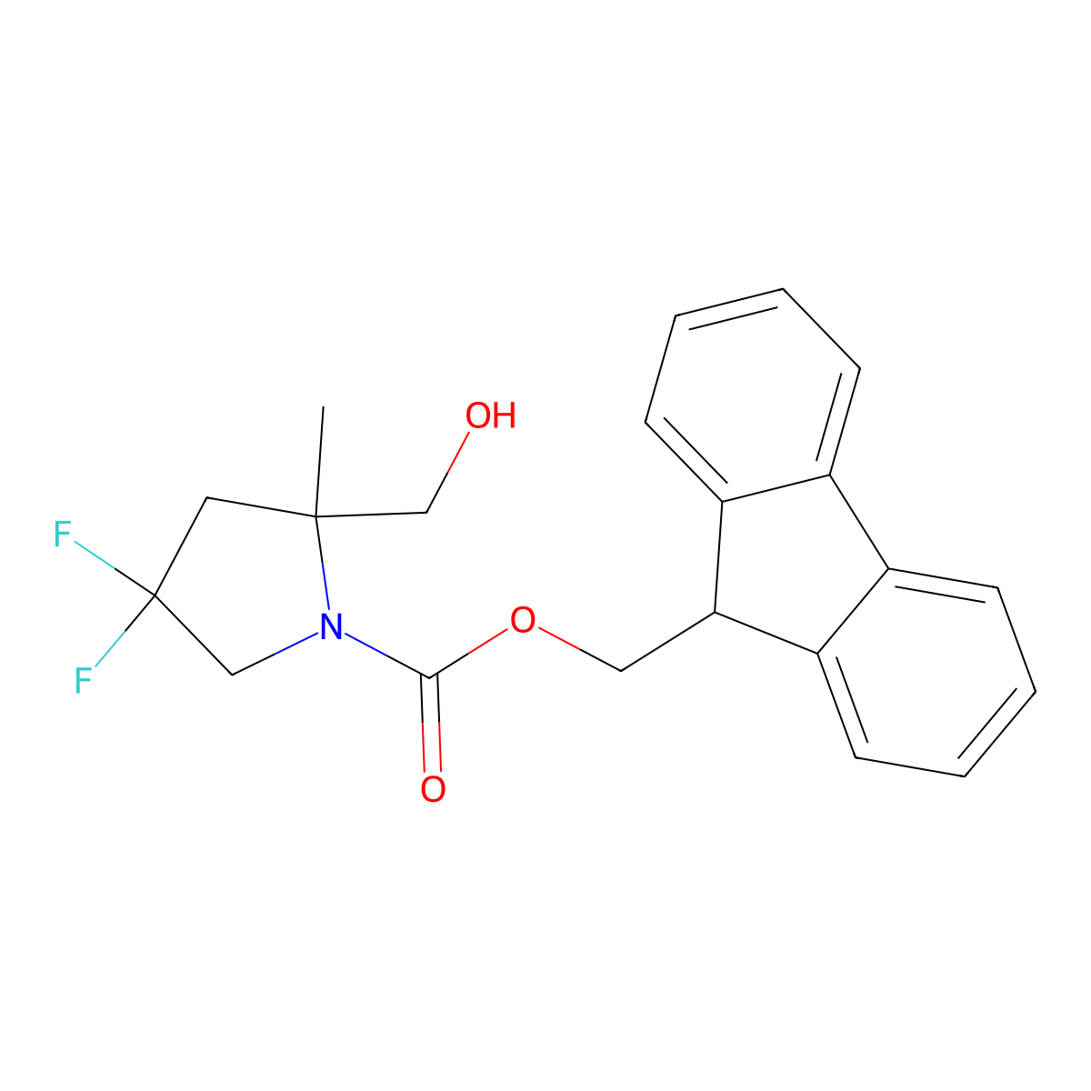 (9H-fluoren-9-yl)methyl 4,4-difluoro-2-(hydroxymethyl)-2-methylpyrrolidine-1-carboxylate molecular structure, CAS 2763924-47-4