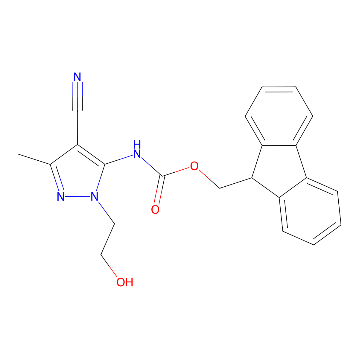 (9H-fluoren-9-yl)methyl N-[4-cyano-1-(2-hydroxyethyl)-3-methyl-1H-pyrazol-5-yl]carbamate molecular structure, CAS 2763925-35-3