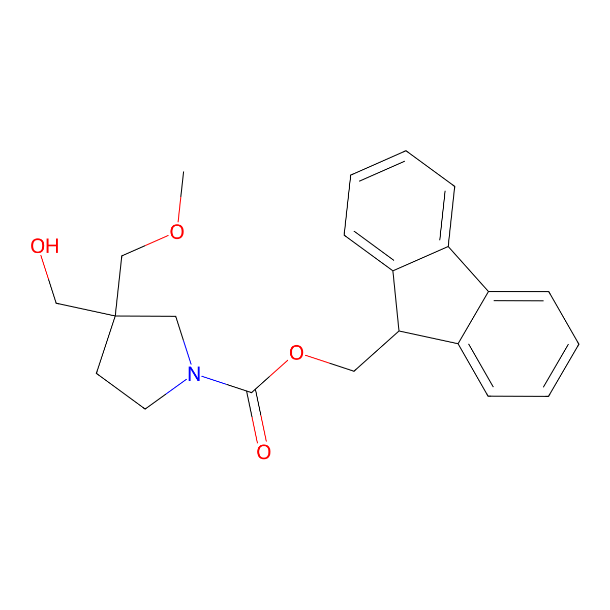 (9H-fluoren-9-yl)methyl 3-(hydroxymethyl)-3-(methoxymethyl)pyrrolidine-1-carboxylate molecular structure, CAS 2763925-94-4
