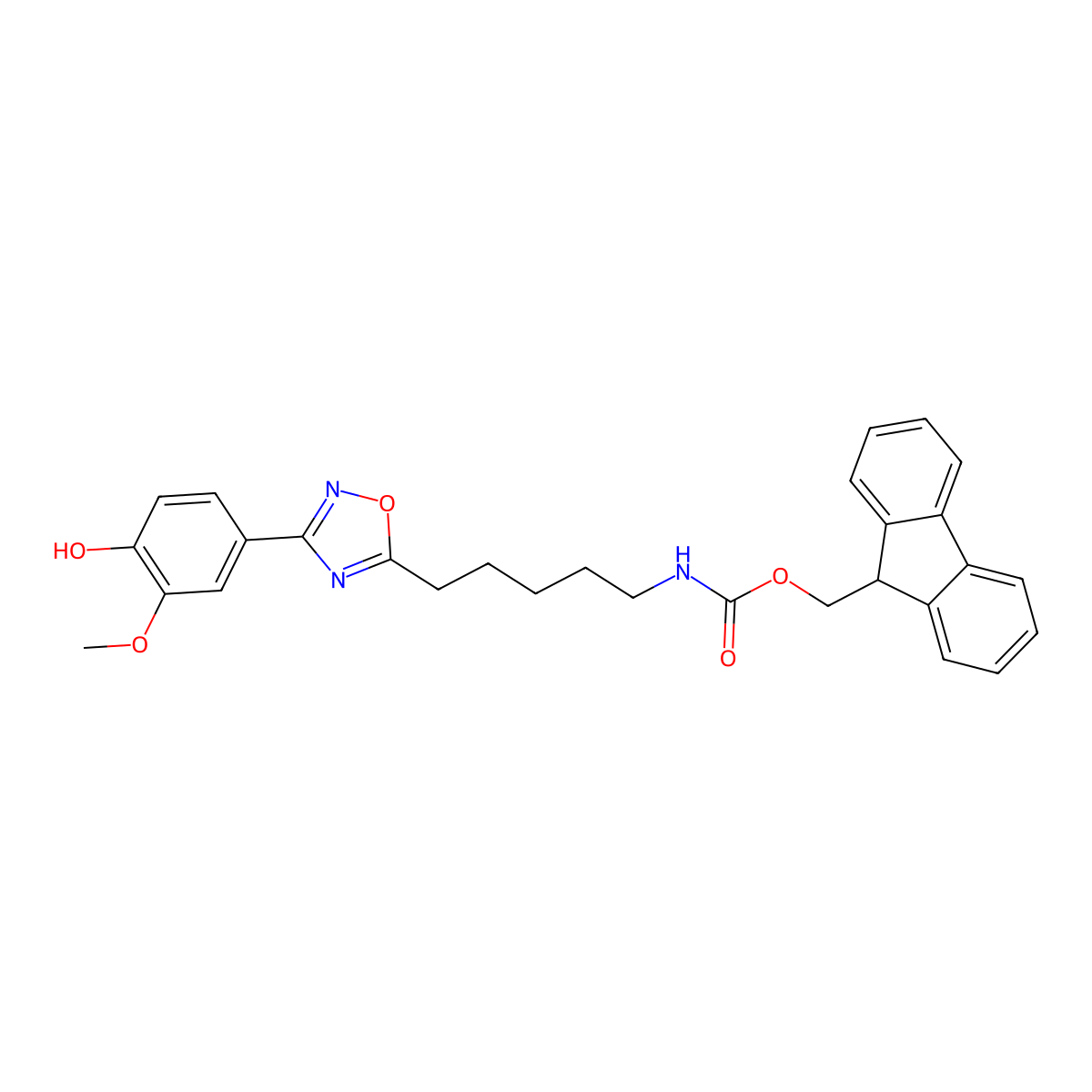 (9H-fluoren-9-yl)methyl N-{5-[3-(4-hydroxy-3-methoxyphenyl)-1,2,4-oxadiazol-5-yl]pentyl}carbamate molecular structure, CAS 2763926-08-3