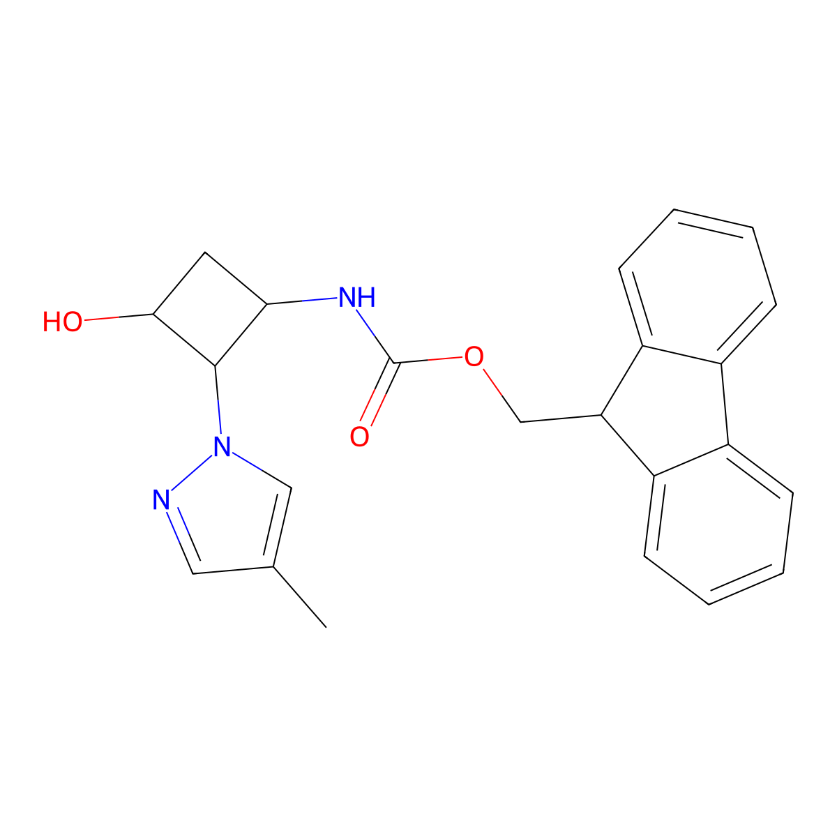 rac-(9H-fluoren-9-yl)methyl N-[(1R,2S,3S)-3-hydroxy-2-(4-methyl-1H-pyrazol-1-yl)cyclobutyl]carbamate molecular structure, CAS 2763926-15-2