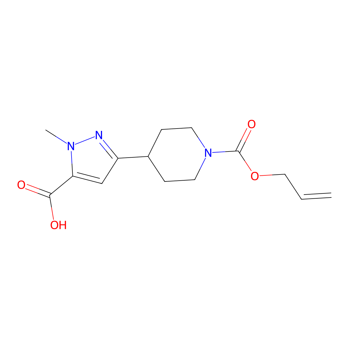 1-methyl-3-{1-[(prop-2-en-1-yloxy)carbonyl]piperidin-4-yl}-1H-pyrazole-5-carboxylic acid molecular structure, CAS 2763928-06-7