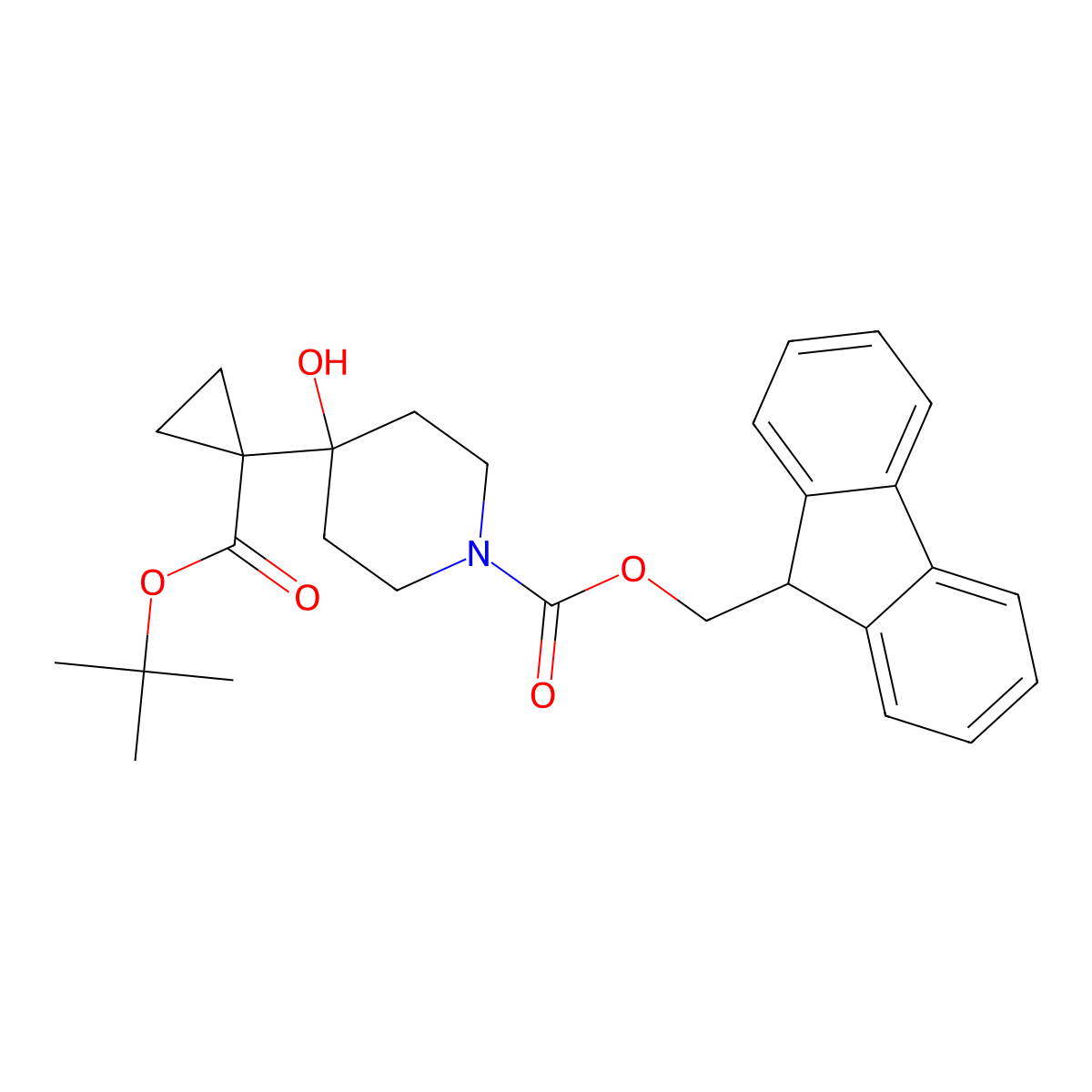 (9H-fluoren-9-yl)methyl 4-{1-[(tert-butoxy)carbonyl]cyclopropyl}-4-hydroxypiperidine-1-carboxylate molecular structure, CAS 2763928-17-0