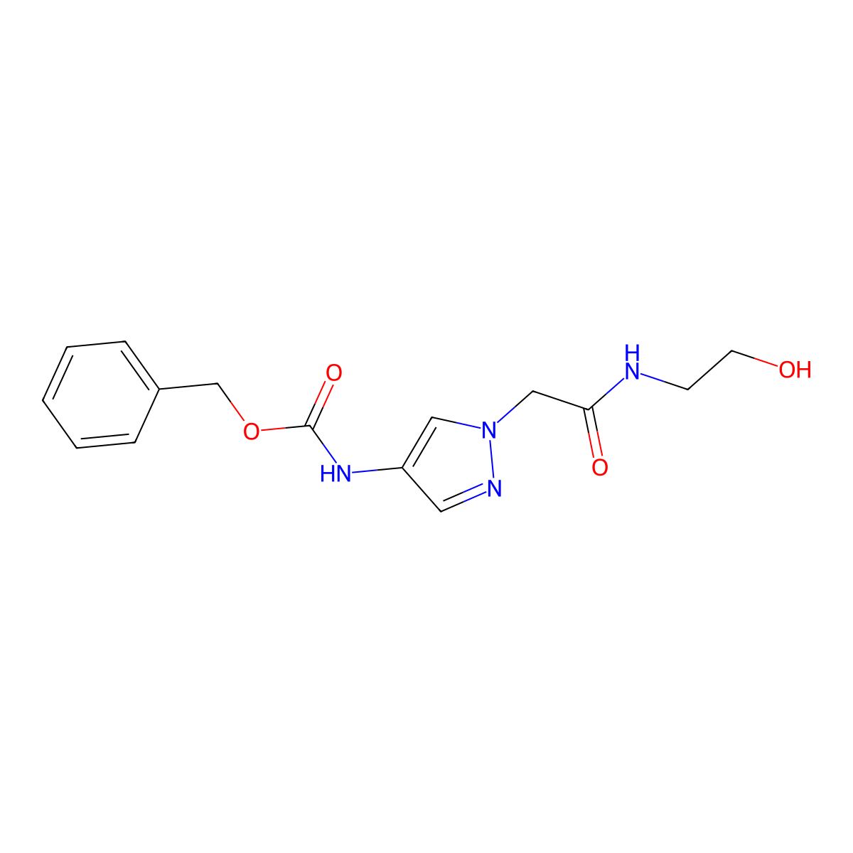 benzyl N-(1-{[(2-hydroxyethyl)carbamoyl]methyl}-1H-pyrazol-4-yl)carbamate molecular structure, CAS 2763928-29-4