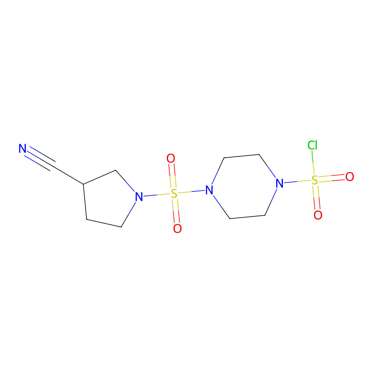 4-[(3-Cyanopyrrolidin-1-yl)sulfonyl]piperazine-1-sulfonyl chloride molecular structure, CAS 2763928-45-4