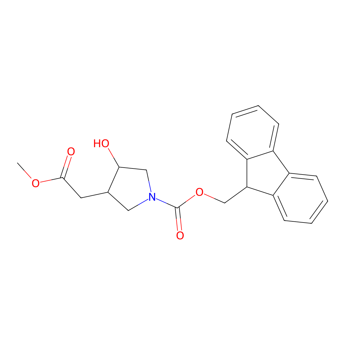 rac-(9H-fluoren-9-yl)methyl (3R,4S)-3-hydroxy-4-(2-methoxy-2-oxoethyl)pyrrolidine-1-carboxylate molecular structure, CAS 2763928-55-6