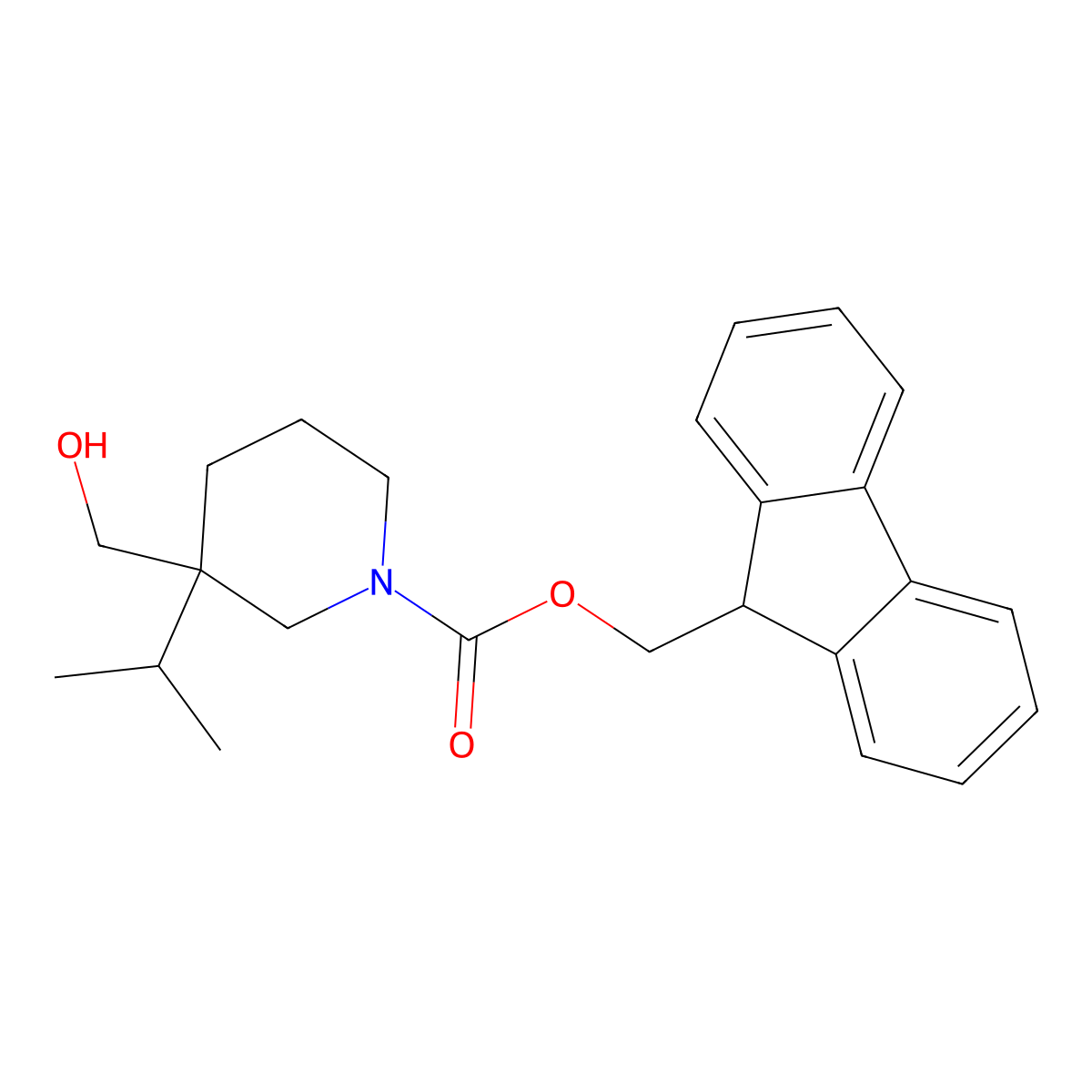 (9H-fluoren-9-yl)methyl 3-(hydroxymethyl)-3-(propan-2-yl)piperidine-1-carboxylate molecular structure, CAS 2763930-56-7