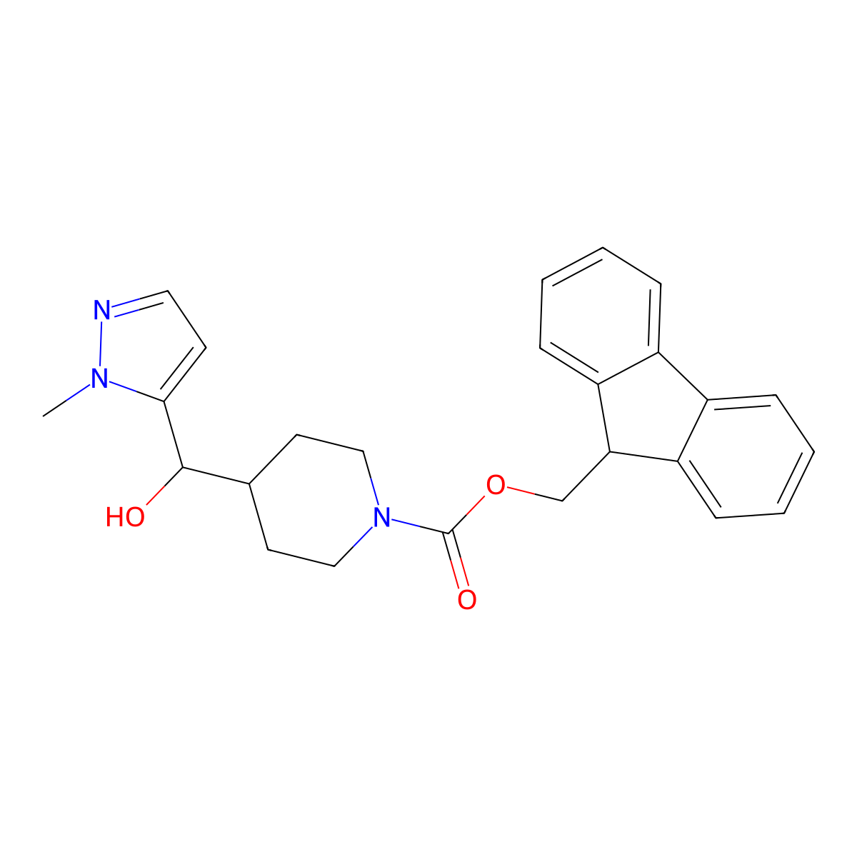 (9H-fluoren-9-yl)methyl 4-[hydroxy(1-methyl-1H-pyrazol-5-yl)methyl]piperidine-1-carboxylate molecular structure, CAS 2763931-26-4
