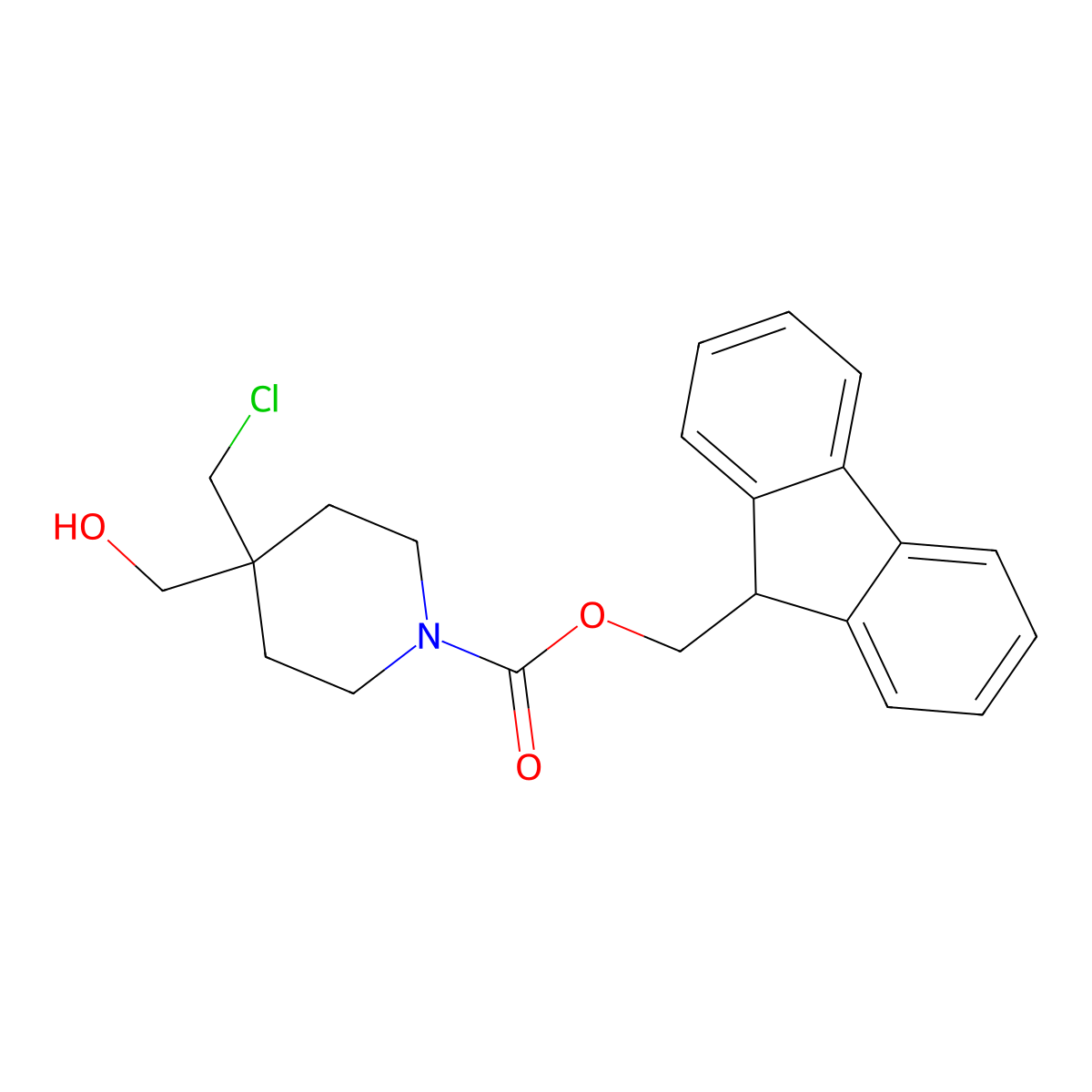 (9H-fluoren-9-yl)methyl 4-(chloromethyl)-4-(hydroxymethyl)piperidine-1-carboxylate molecular structure, CAS 2763931-40-2