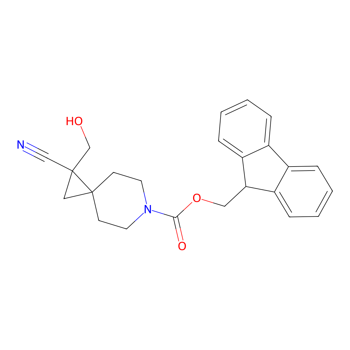 (9H-fluoren-9-yl)methyl 1-cyano-1-(hydroxymethyl)-6-azaspiro[2.5]octane-6-carboxylate molecular structure, CAS 2763931-56-0