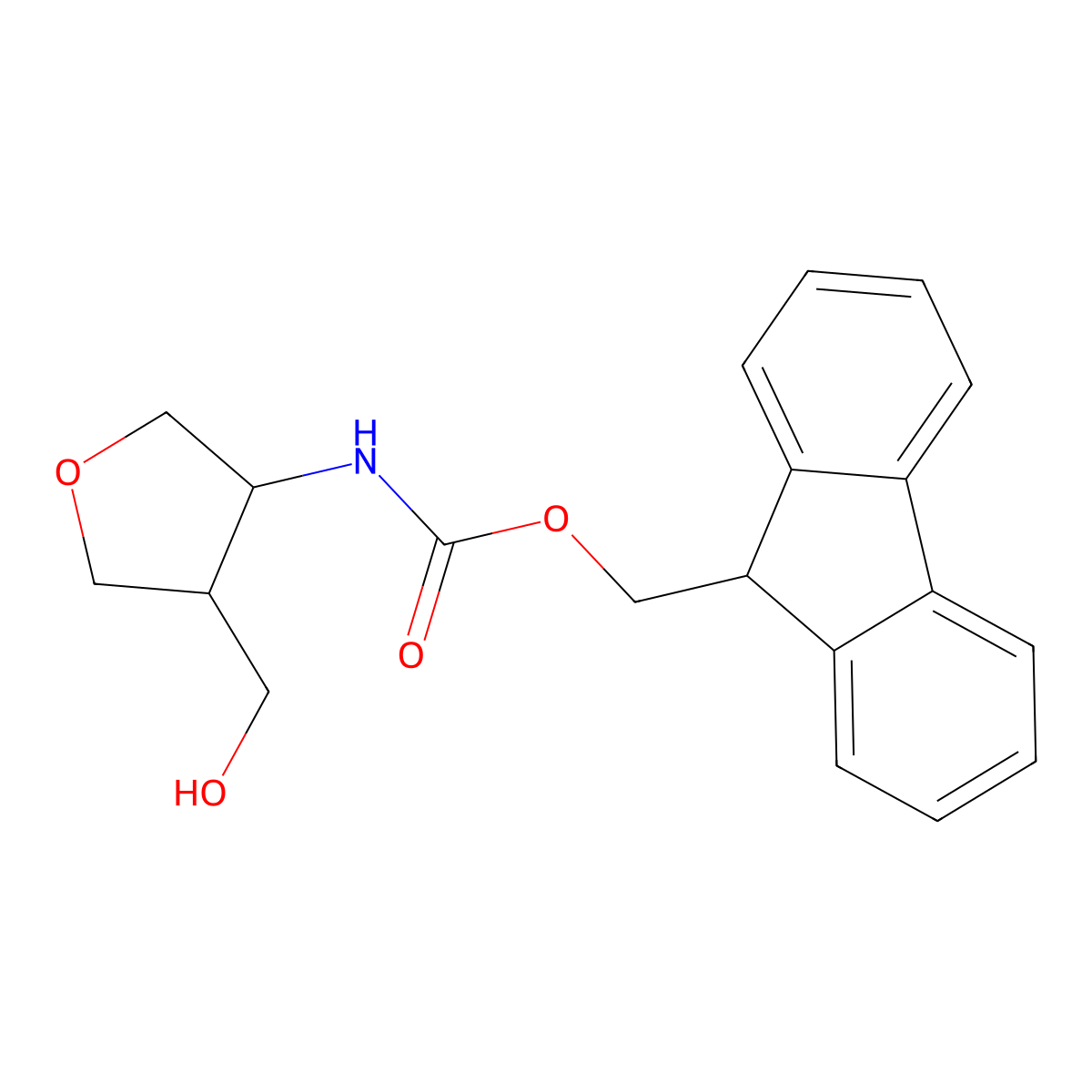 rac-(9H-fluoren-9-yl)methyl N-[(3R,4R)-4-(hydroxymethyl)oxolan-3-yl]carbamate molecular structure, CAS 2763931-98-0